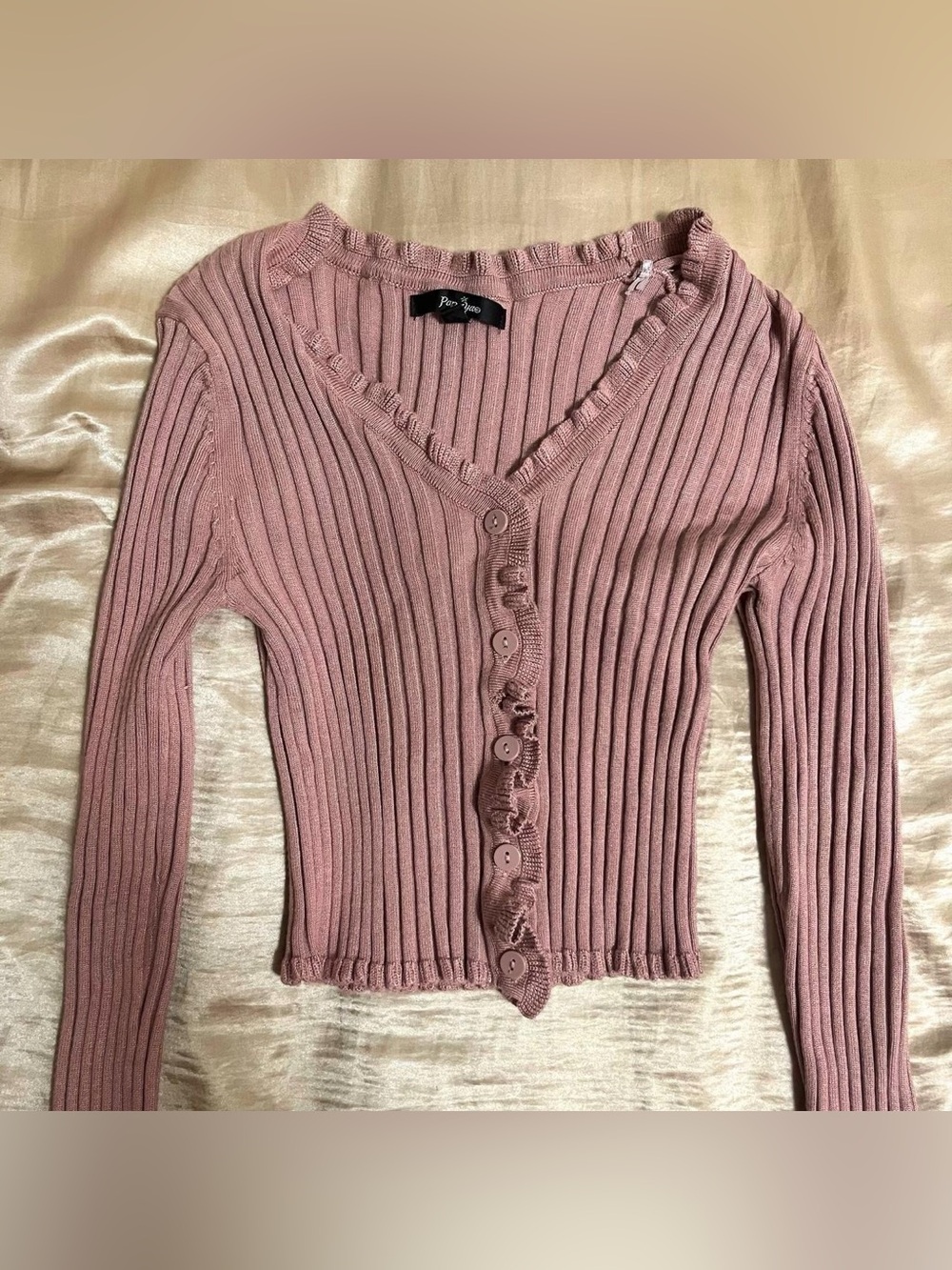 ੈ✩‧₊˚ papaya mauve pink ribbed long sleeve cardigan with ruffle trim and button